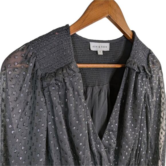 Ash & Eden Swiss Dot Top 4 Black Faux Wrap Peplum Smocked Sheer L/S Shimmer - Picture 4 of 9